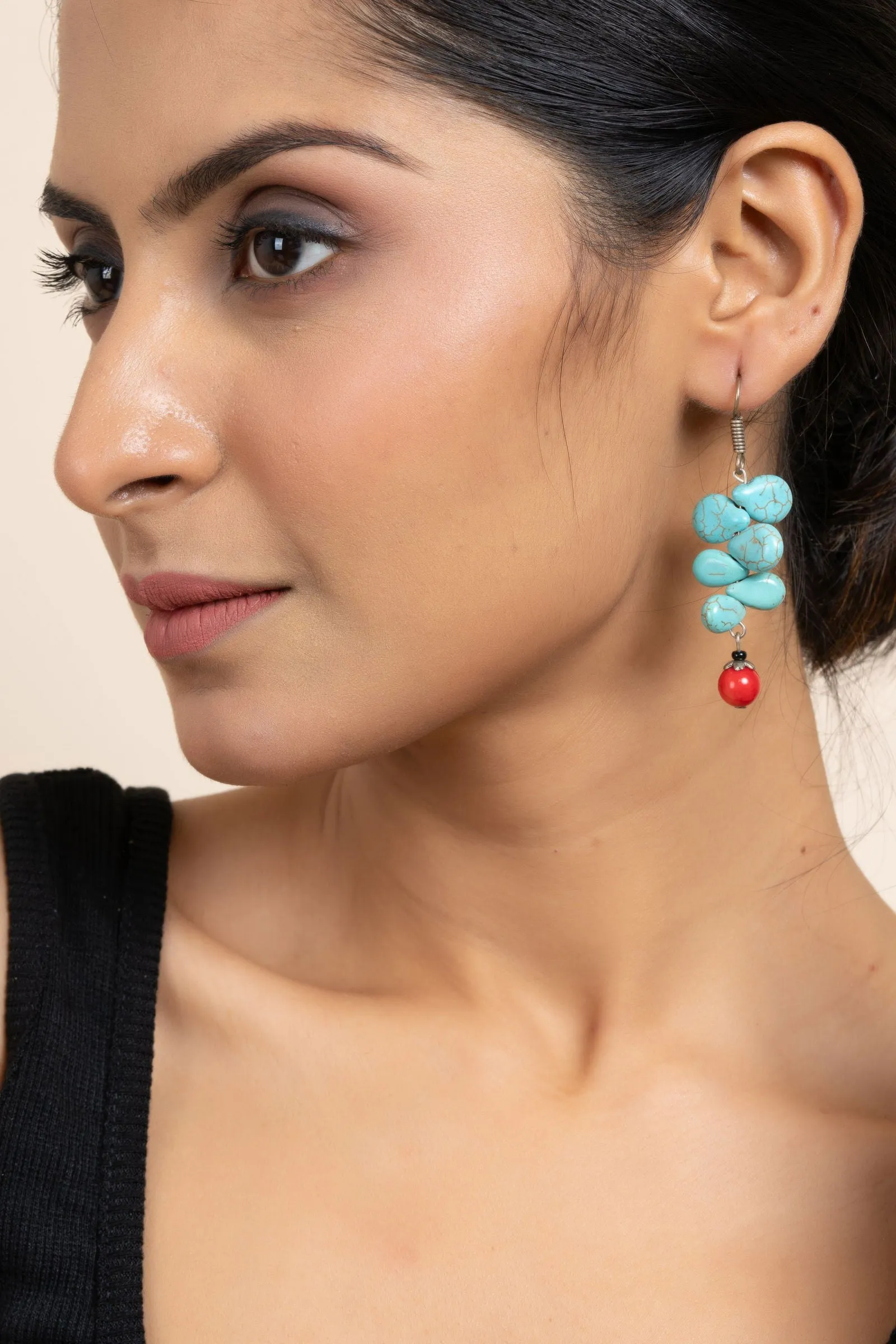 Handcrafted Semi Precious Turquoise and Red Drop Earrings - Gemstone Jewelry for Sophisticated Style