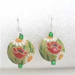 Handmade Green & Red Poppy Ceramic Earrings  Golem