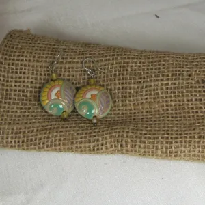 Handmade Ivory, Green & Yellow Paisley Ceramic Earrings  Golem