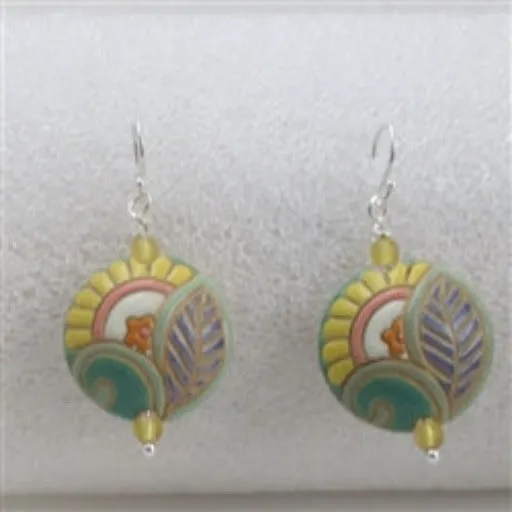 Handmade Ivory, Green & Yellow Paisley Ceramic Earrings  Golem