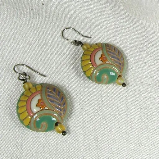 Handmade Ivory, Green & Yellow Paisley Ceramic Earrings  Golem