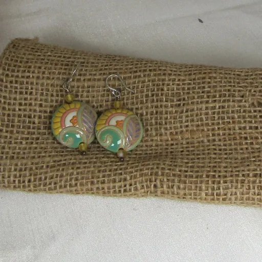 Handmade Ivory, Green & Yellow Paisley Ceramic Earrings  Golem