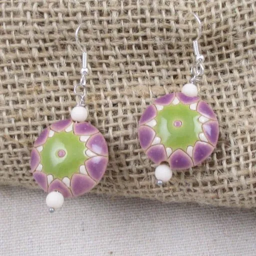 Handmade Lilac & Green Flower Drop Earrings