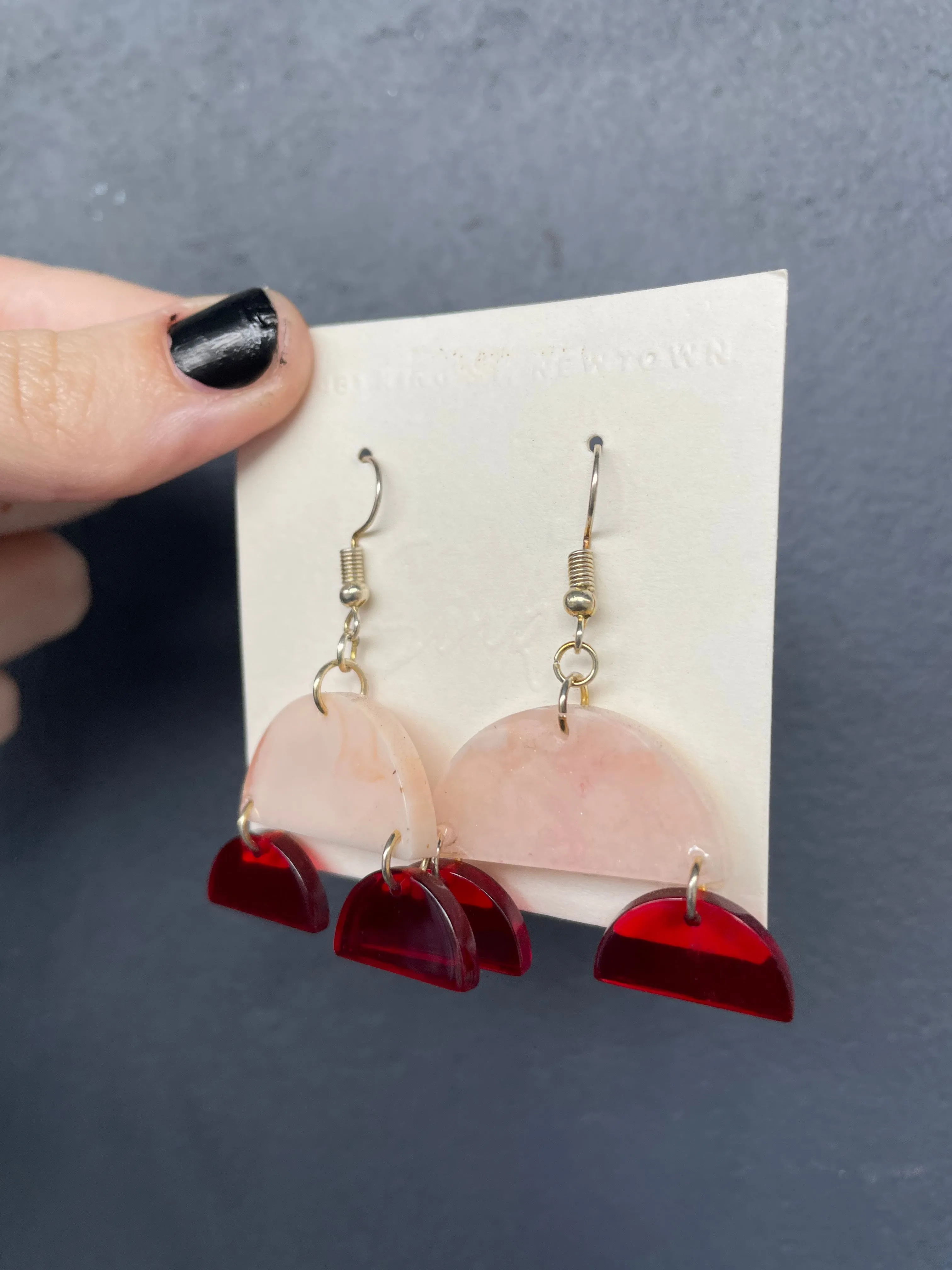 handmade pink and red resin earrings