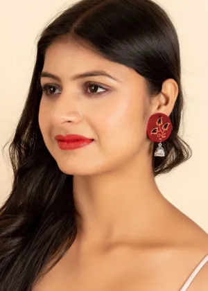 Handmade Red And Black Ajrakh Cotton Fabric With German Silver Jhumka Earrings For All Occasions