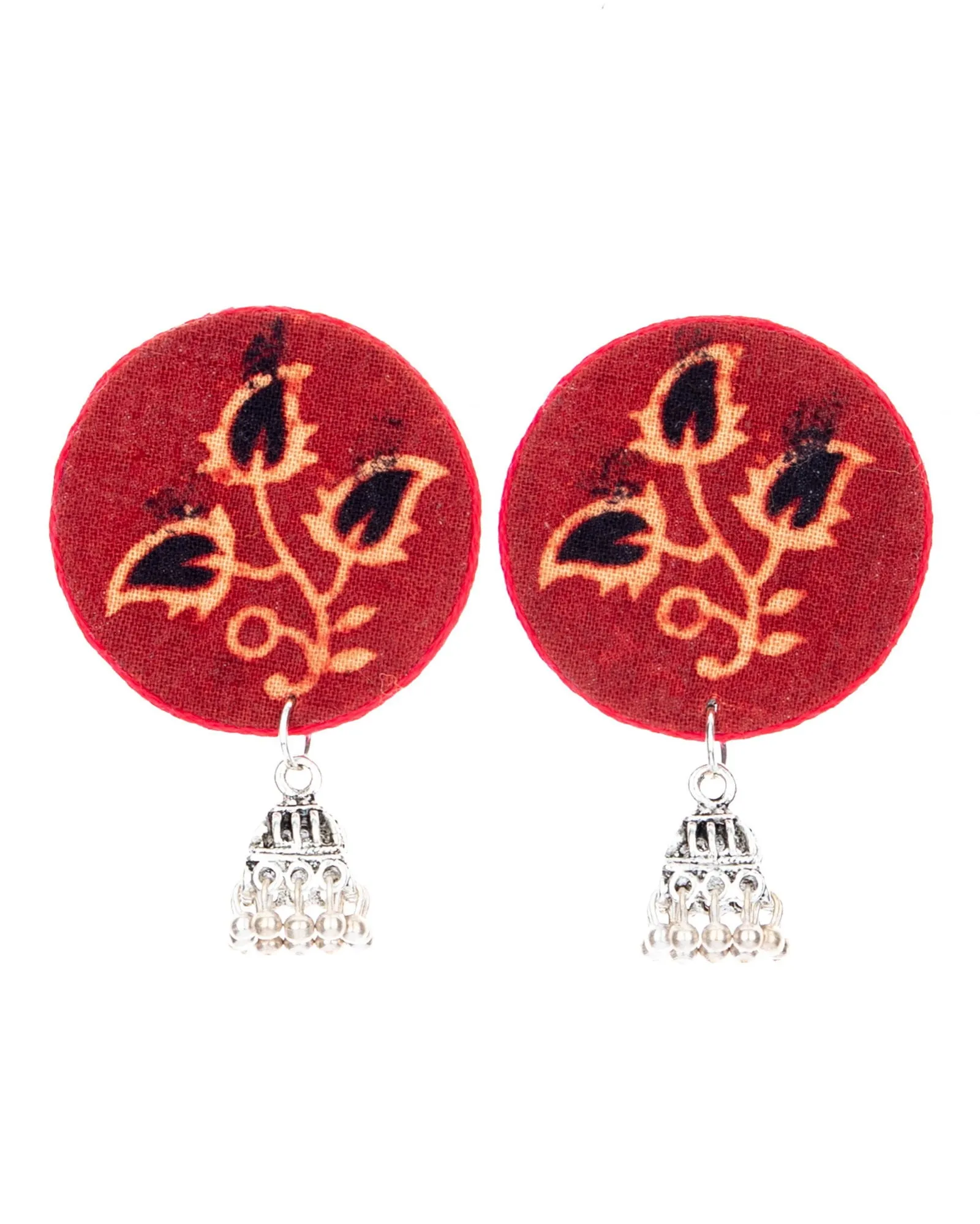 Handmade Red And Black Ajrakh Cotton Fabric With German Silver Jhumka Earrings For All Occasions