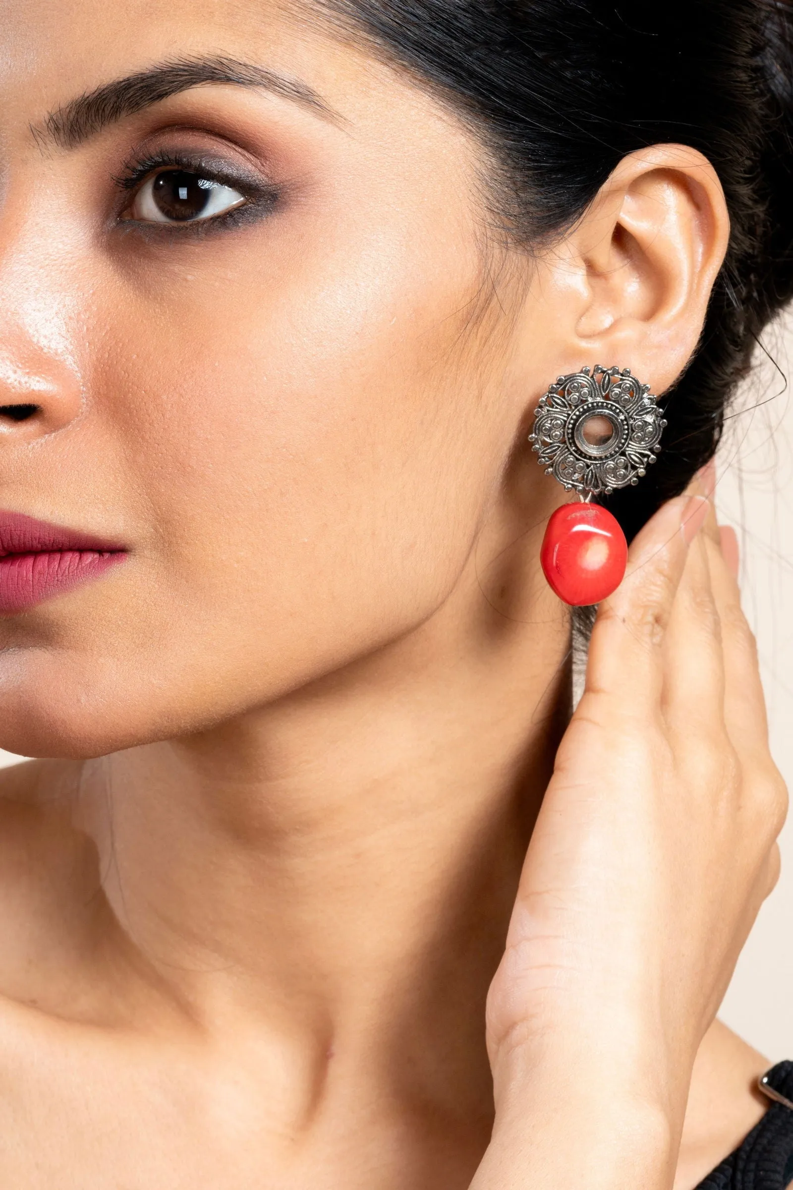 Handmade Red Coral with German Silver Floral Stud Earrings for All Occassions