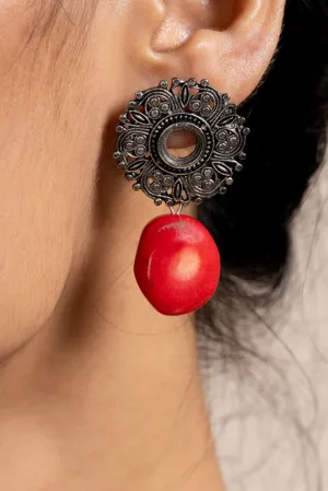 Handmade Red Coral with German Silver Floral Stud Earrings for All Occassions