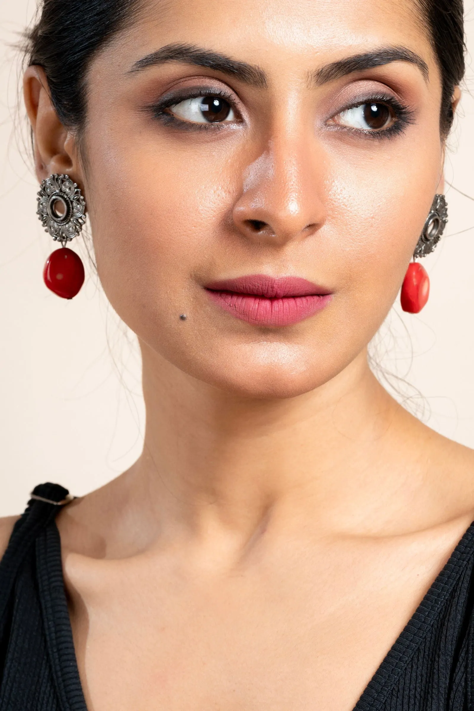 Handmade Red Coral with German Silver Floral Stud Earrings for All Occassions