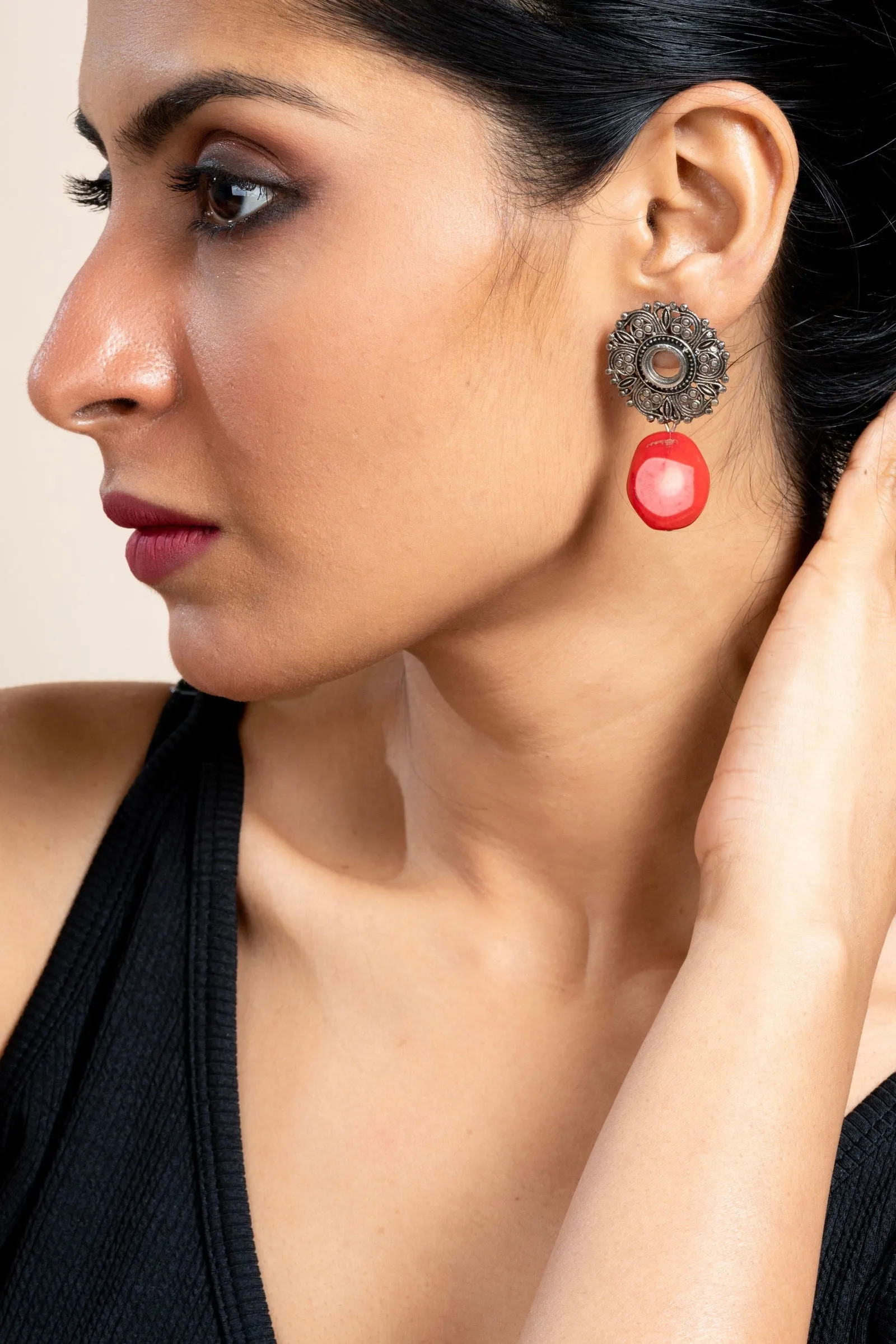 Handmade Red Coral with German Silver Floral Stud Earrings for All Occassions