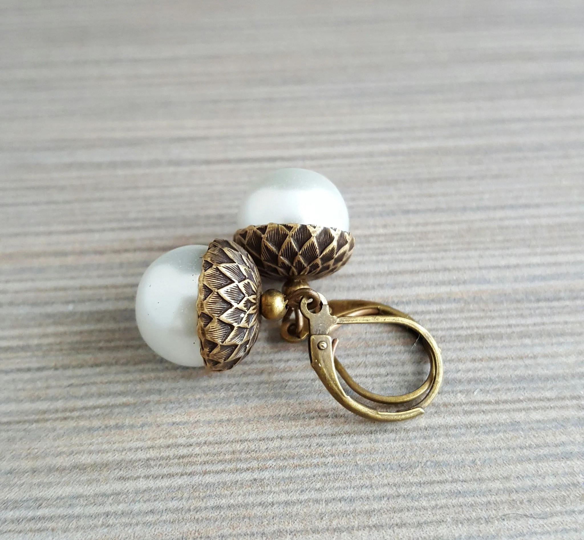 Handmade White Glass Pearl Acorn Earrings