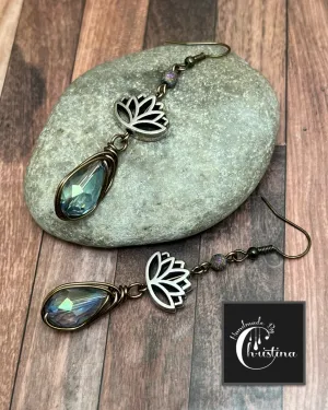 Herringbone Wire Wrapped Lotus Flower Dangling Earrings