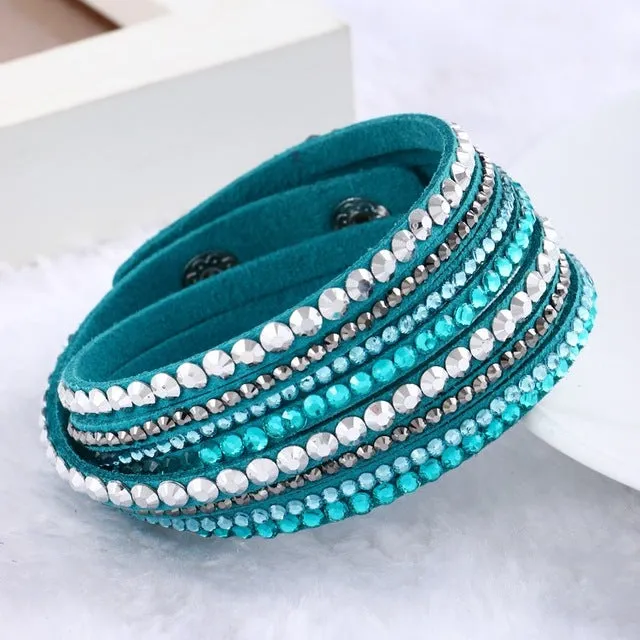 Hot Sale 2016 NEW  Fashion Rhinestone Leather Wrap Bracelet Crystal Multilayer Bracelets bangles for Women/Men Free Shipping