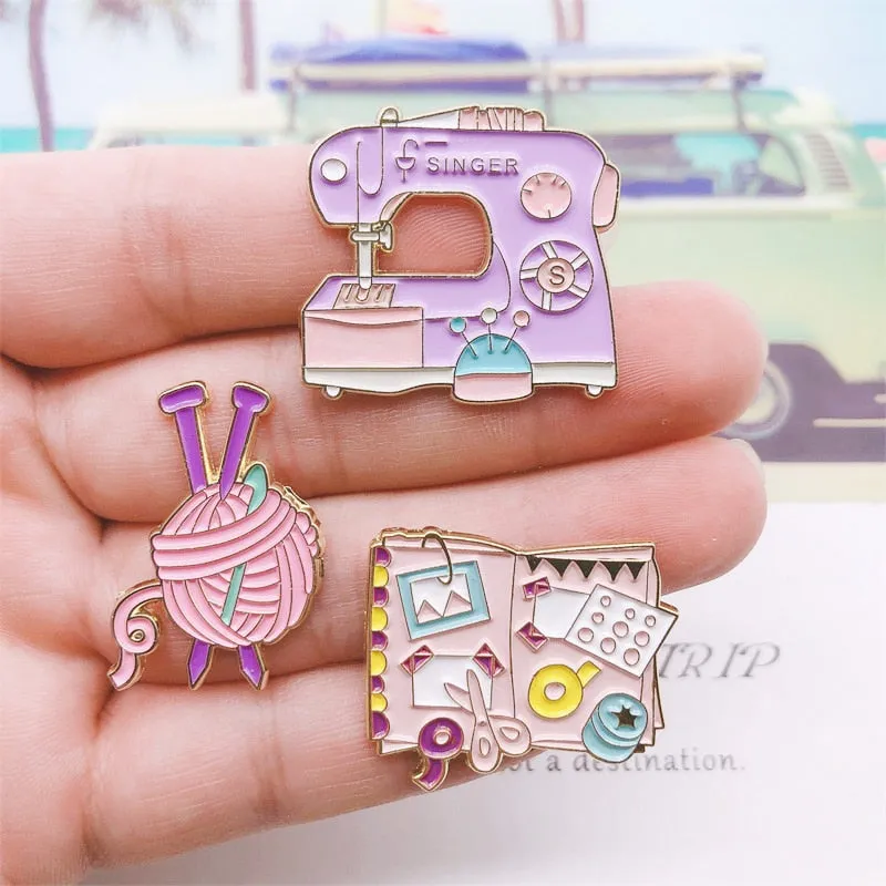 Kawaii Sewing Tools Metal Badges