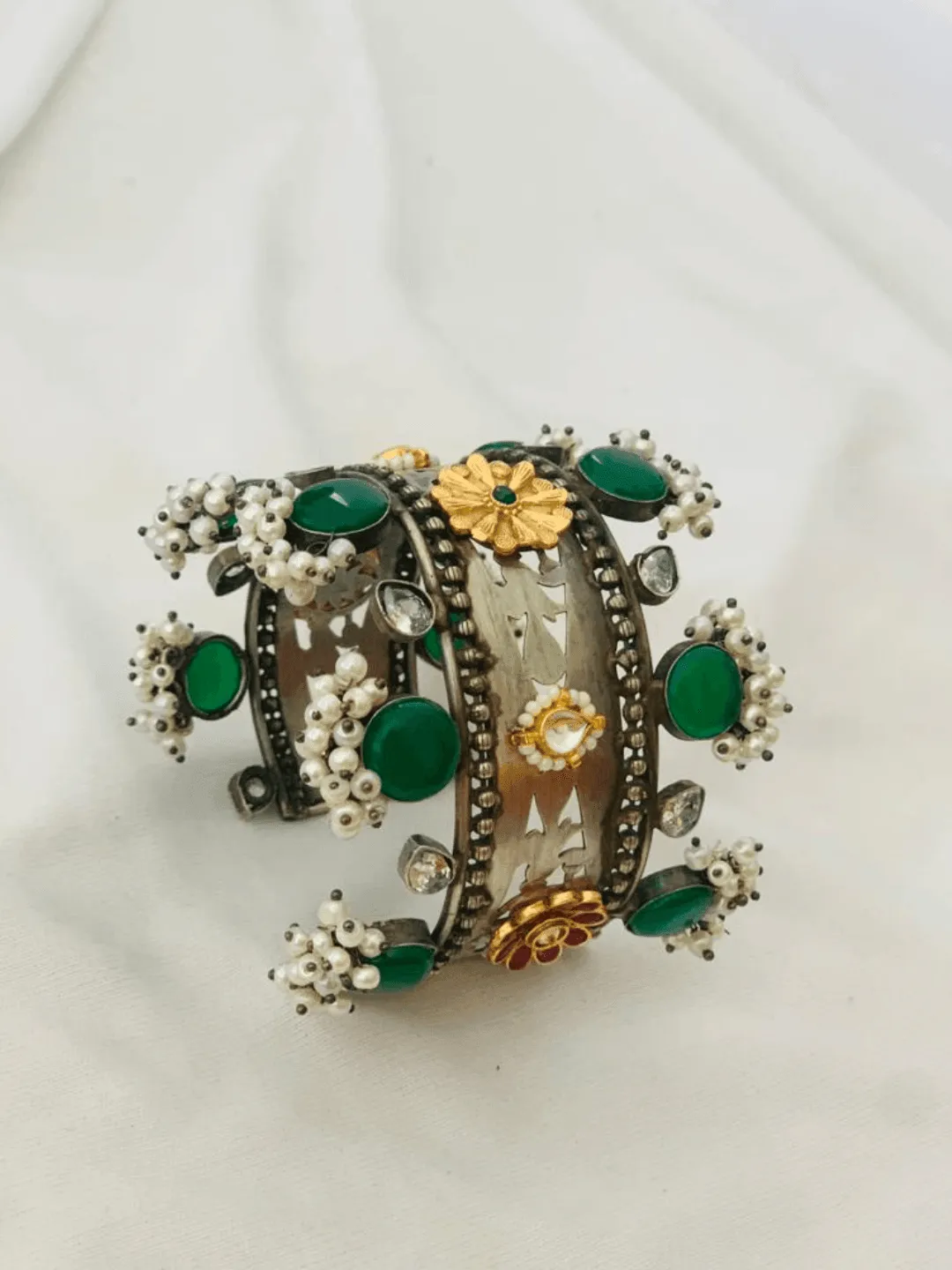 Khushnaz Ashdin Turner In Green Oxidised Pearl Hand Cuff