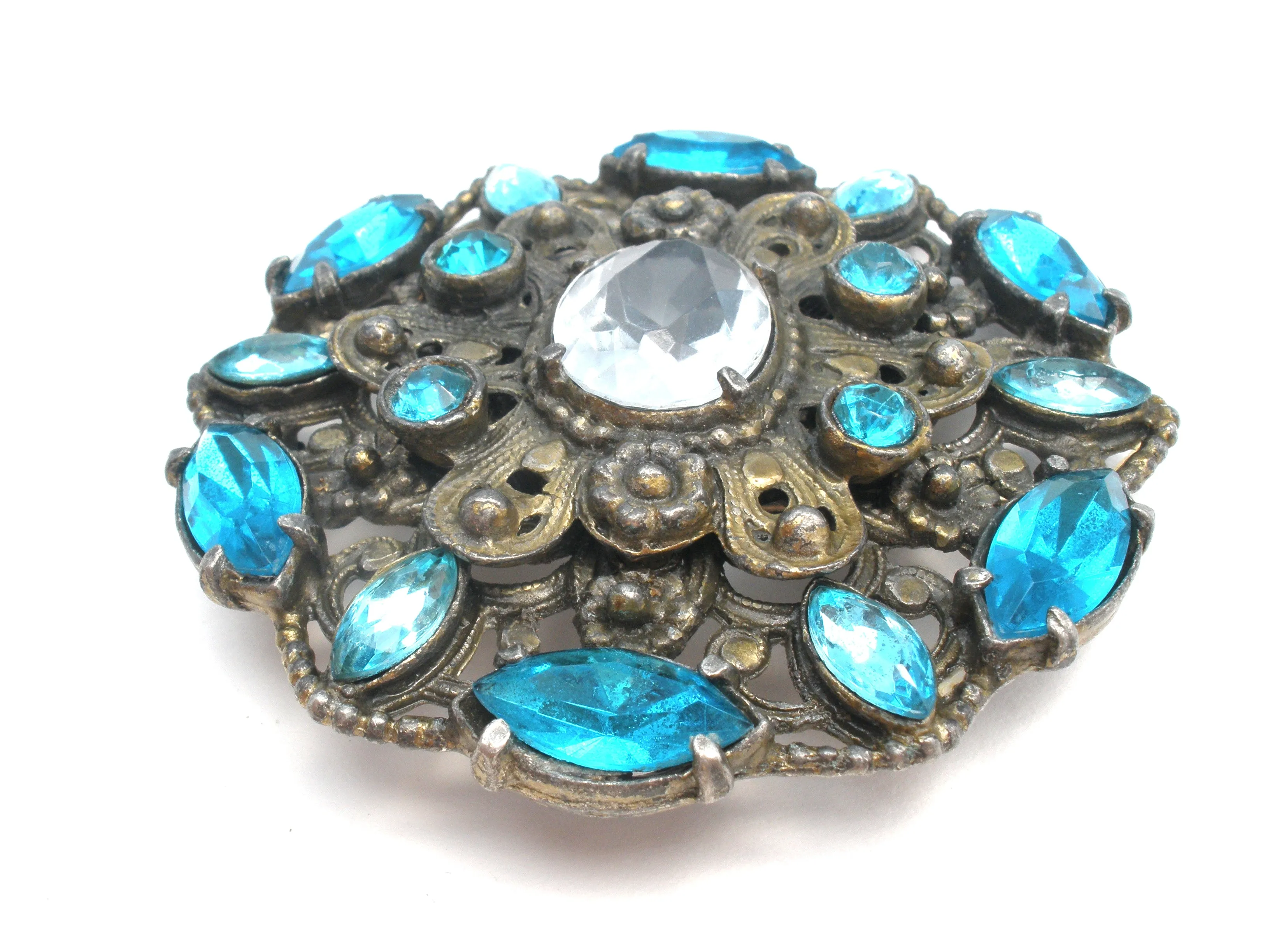 Large Blue Rhinestone Brooch Vintage