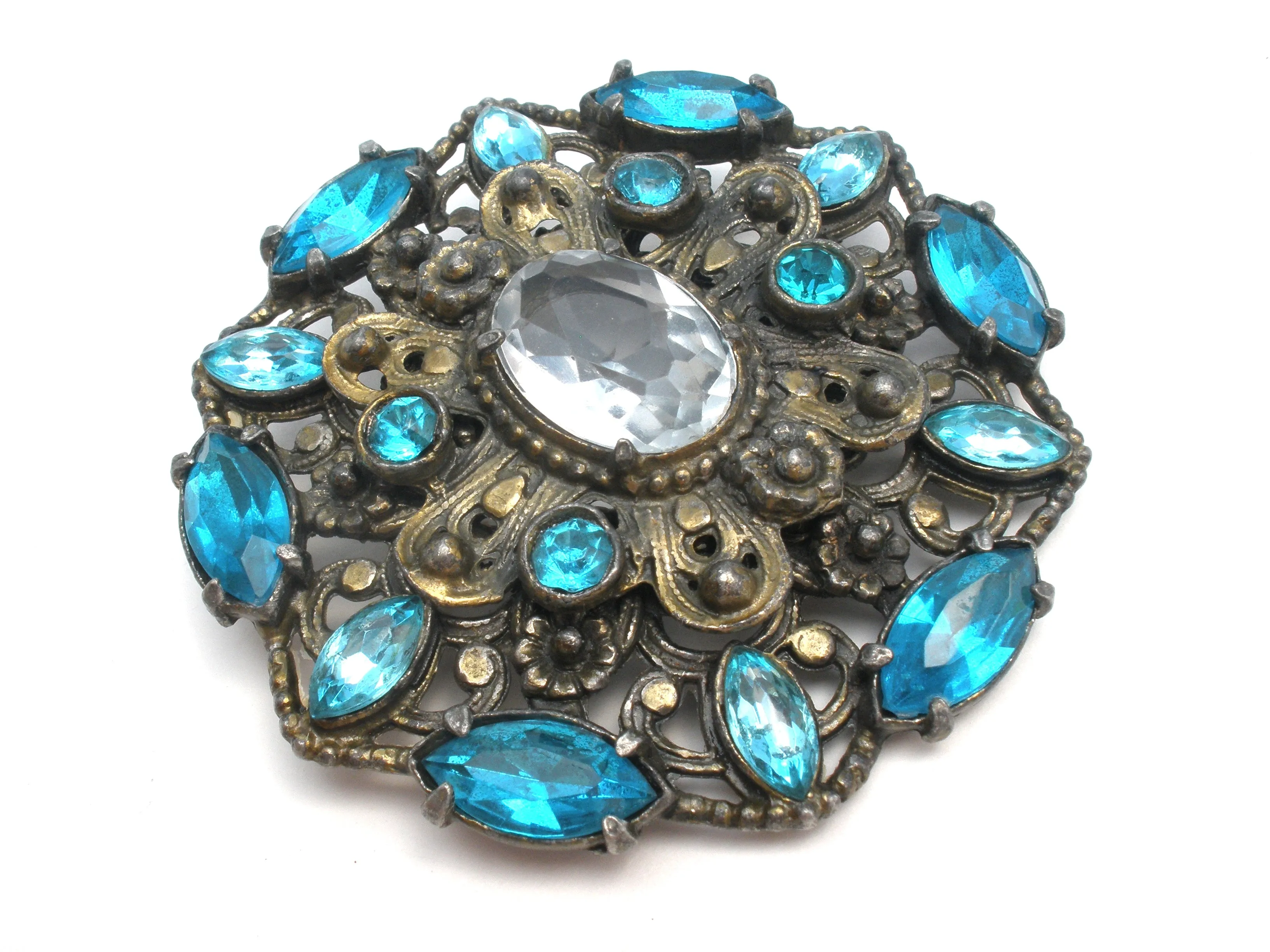 Large Blue Rhinestone Brooch Vintage