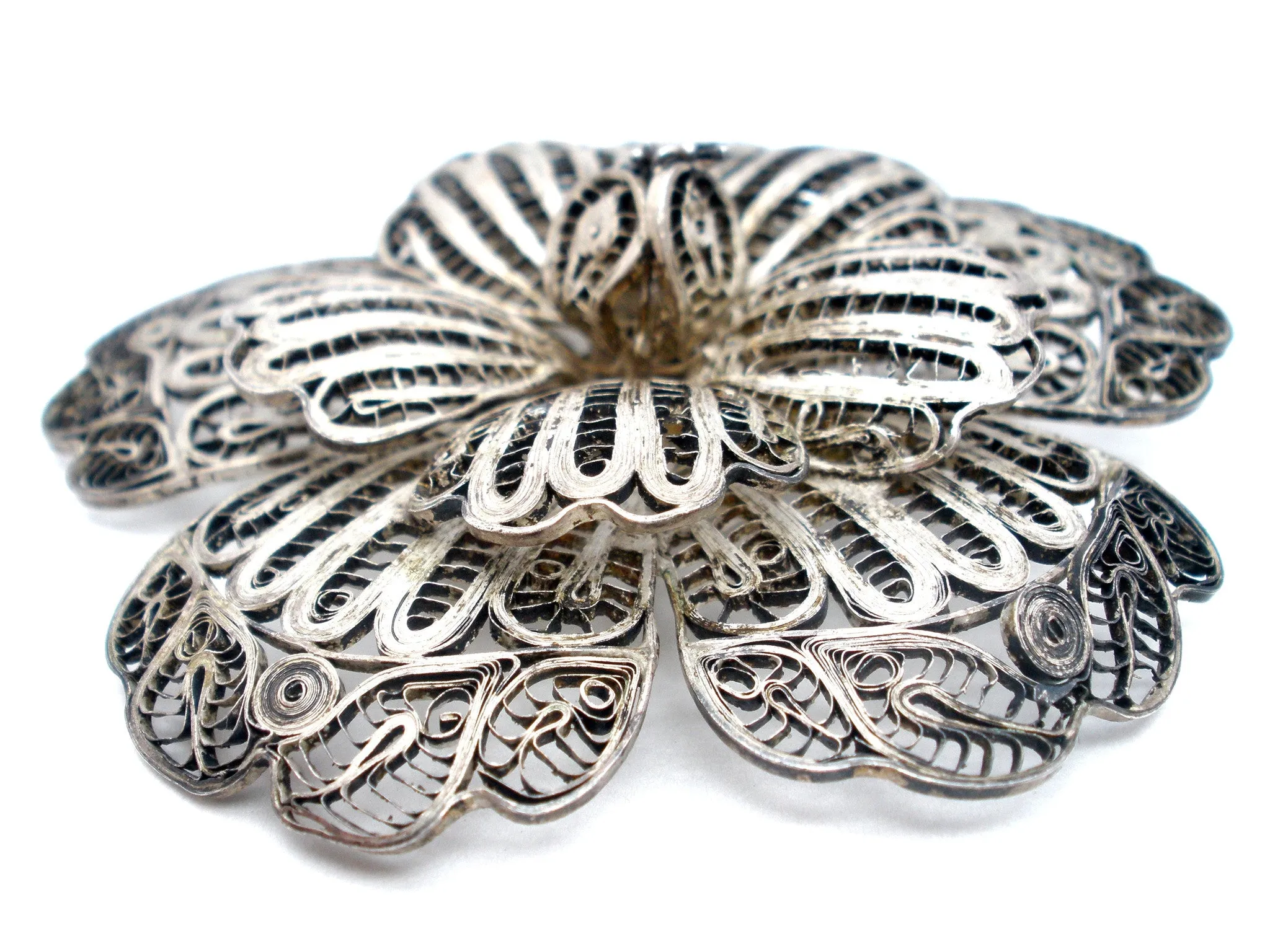 Large Cannetille Flower Sterling Silver Brooch Vintage