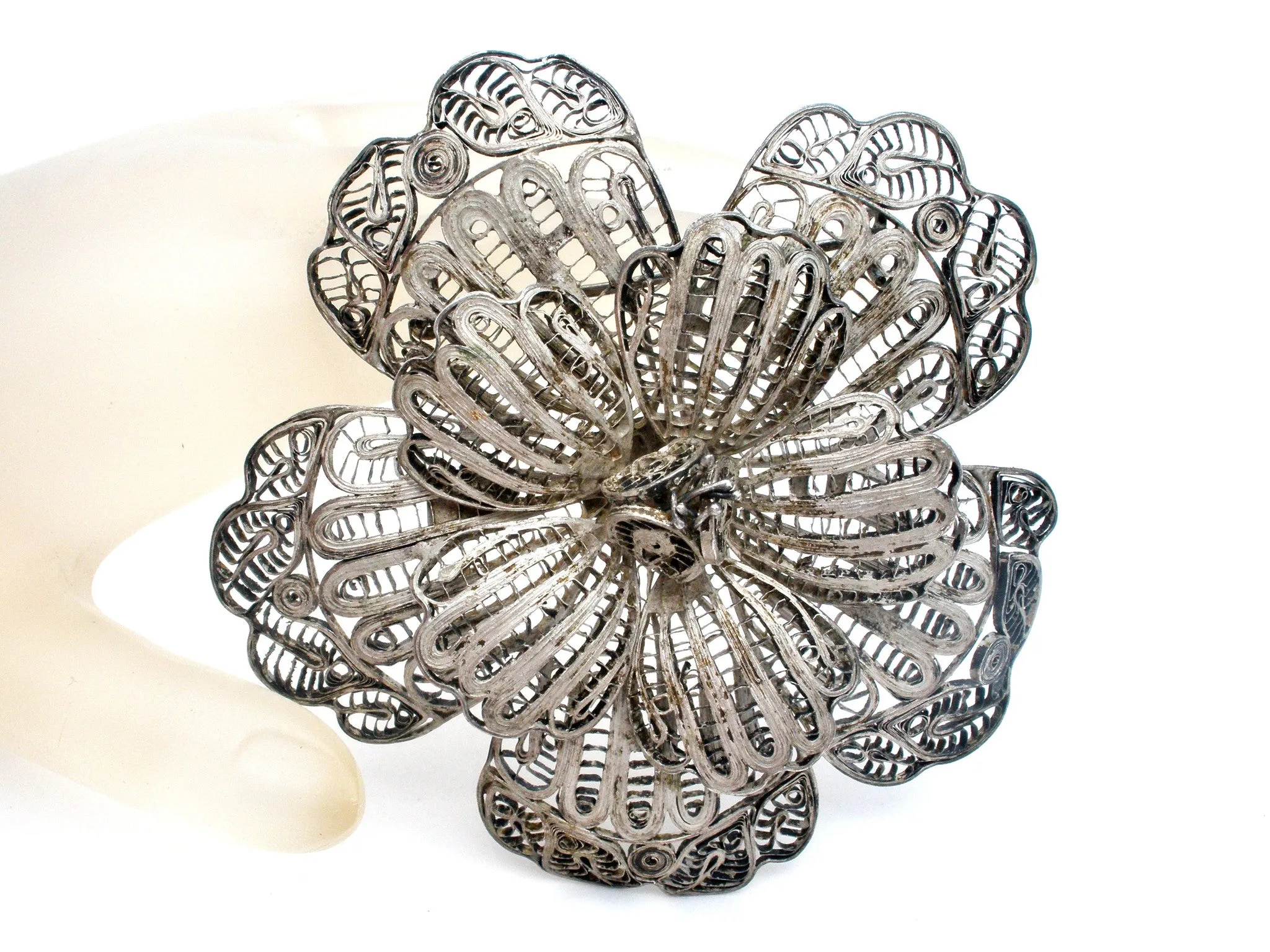 Large Cannetille Flower Sterling Silver Brooch Vintage