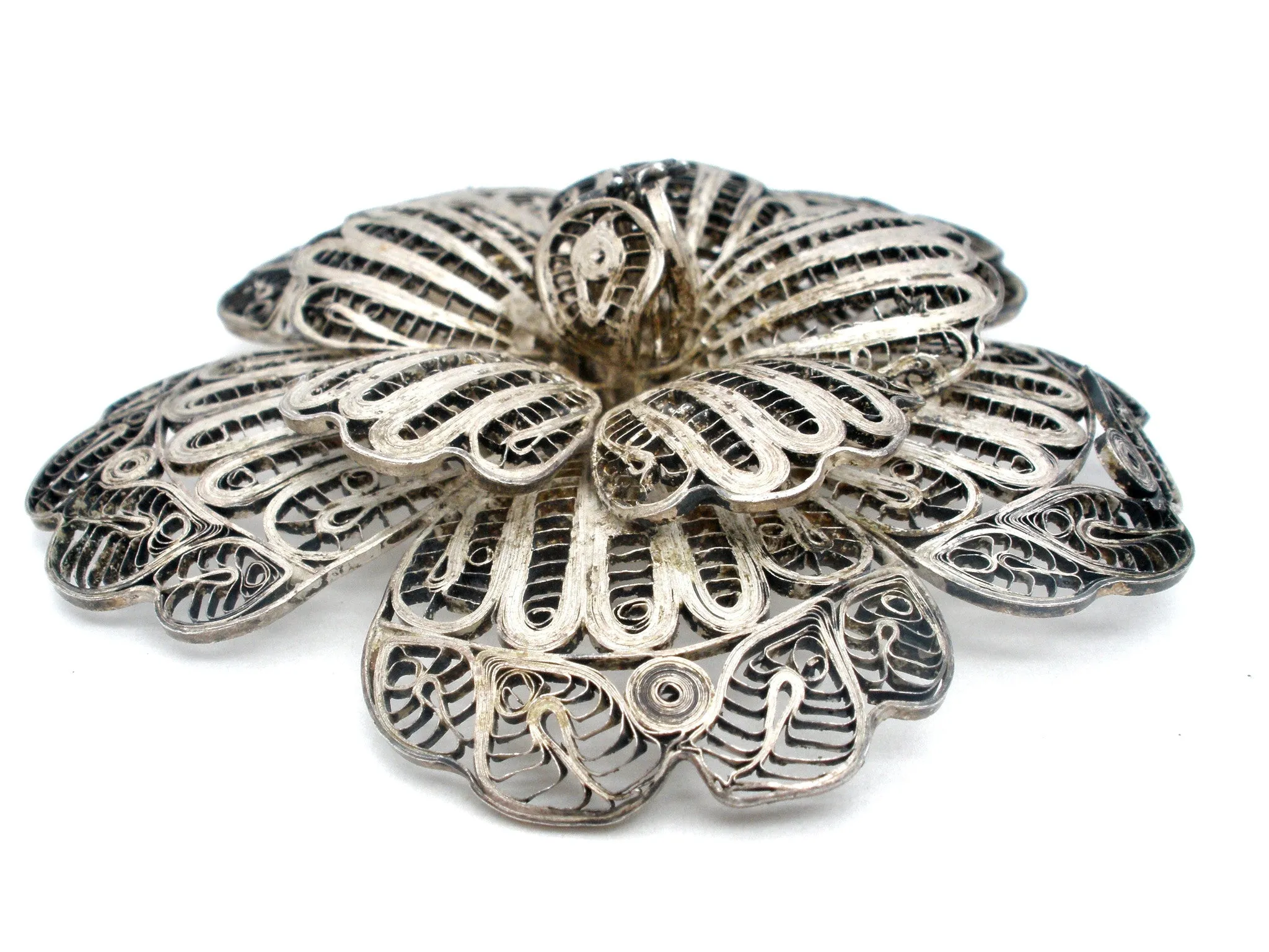 Large Cannetille Flower Sterling Silver Brooch Vintage