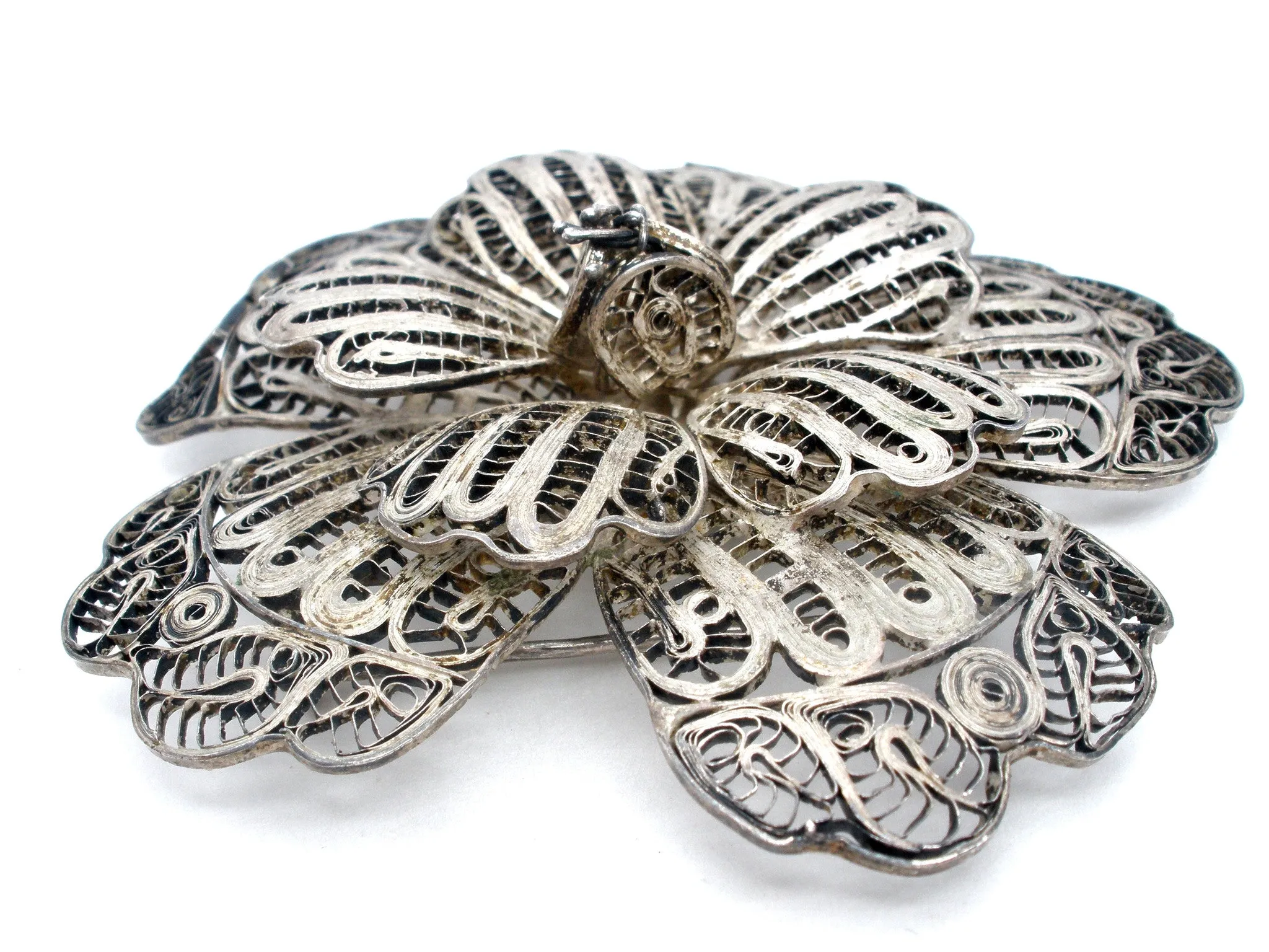 Large Cannetille Flower Sterling Silver Brooch Vintage