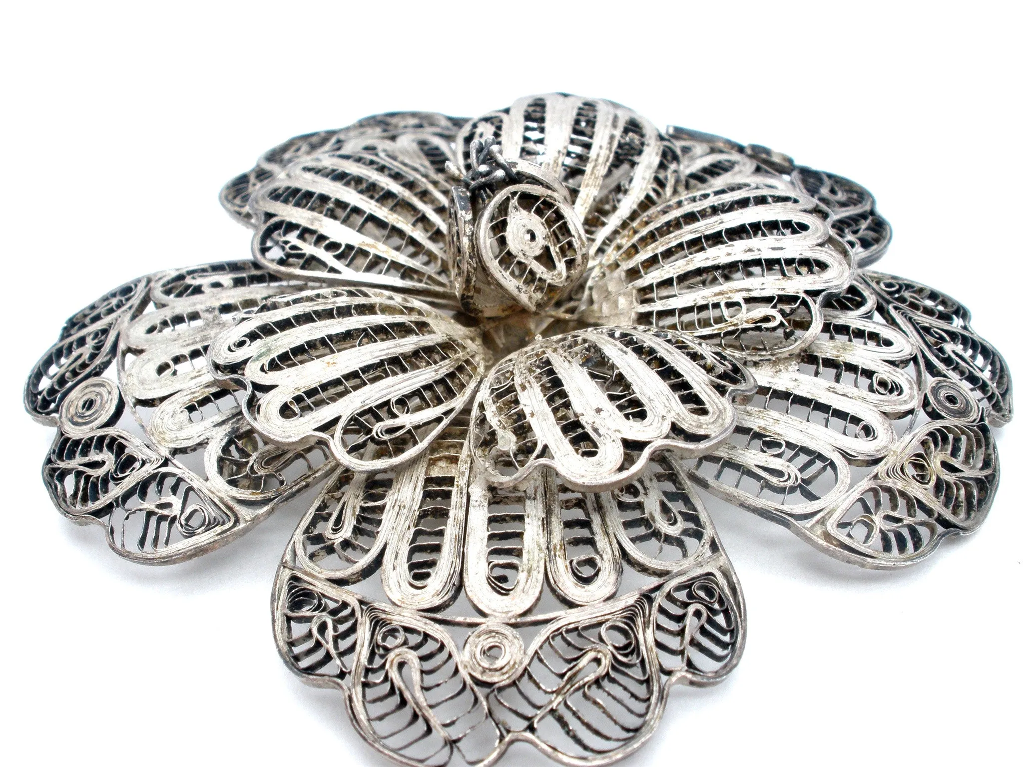 Large Cannetille Flower Sterling Silver Brooch Vintage