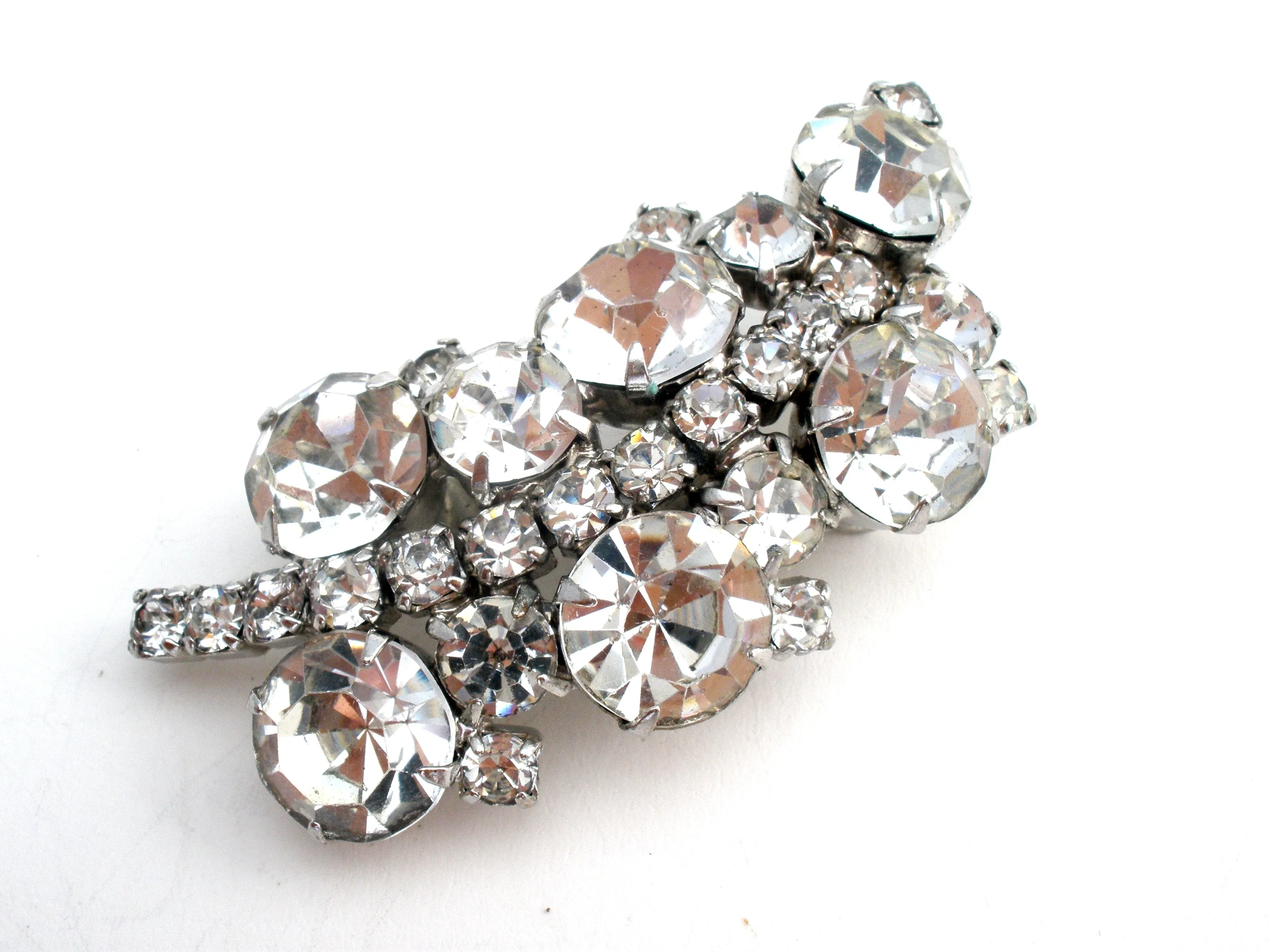 Leaf Brooch Pin With Clear Rhinestones Vintage