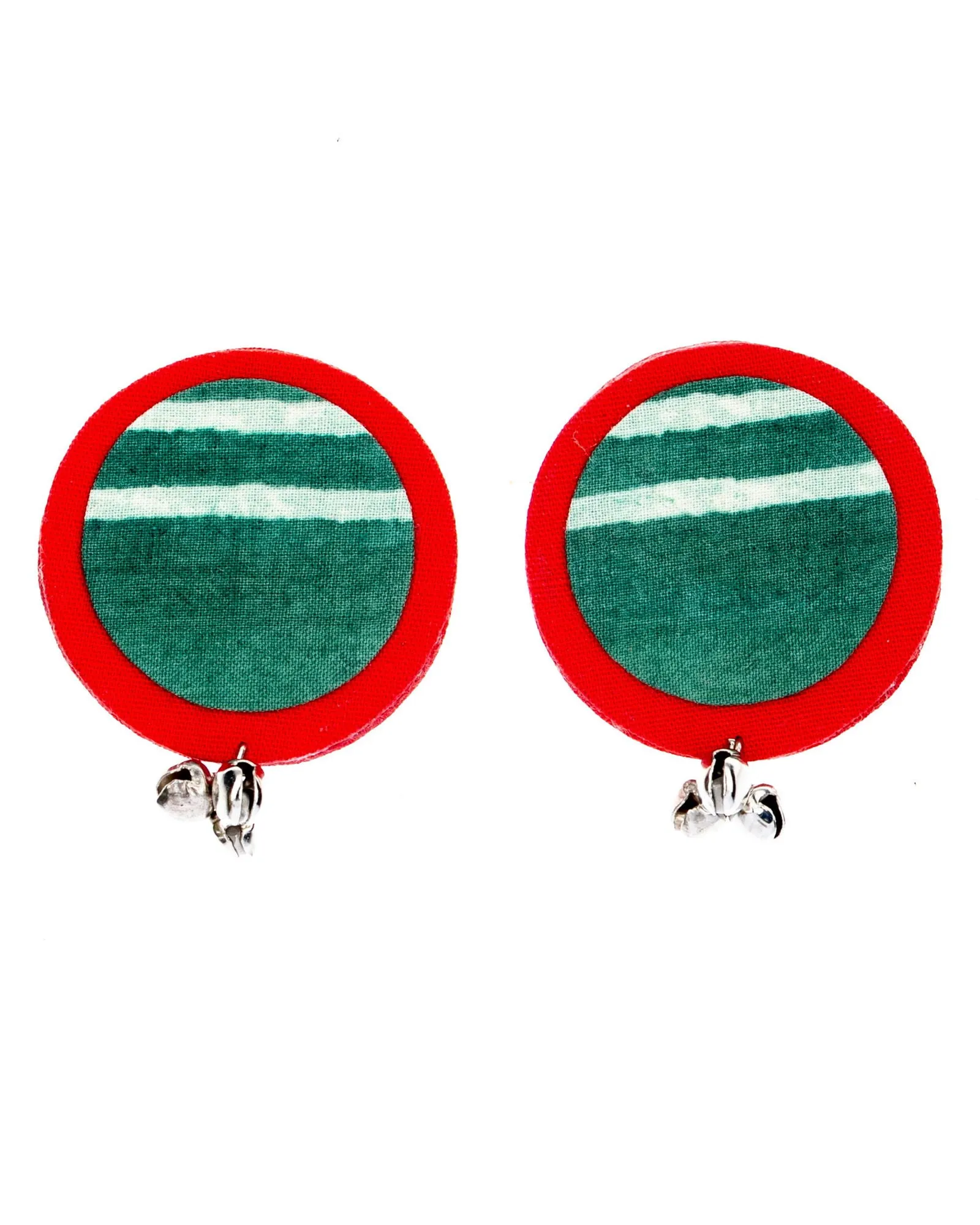 Lightweight Handmade Red Green Ajrakh Cotton Fabric Ghungroo Stud Earrings