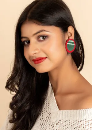 Lightweight Handmade Red Green Ajrakh Cotton Fabric Ghungroo Stud Earrings