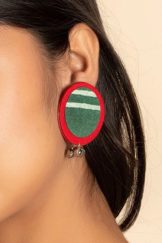 Lightweight Handmade Red Green Ajrakh Cotton Fabric Ghungroo Stud Earrings