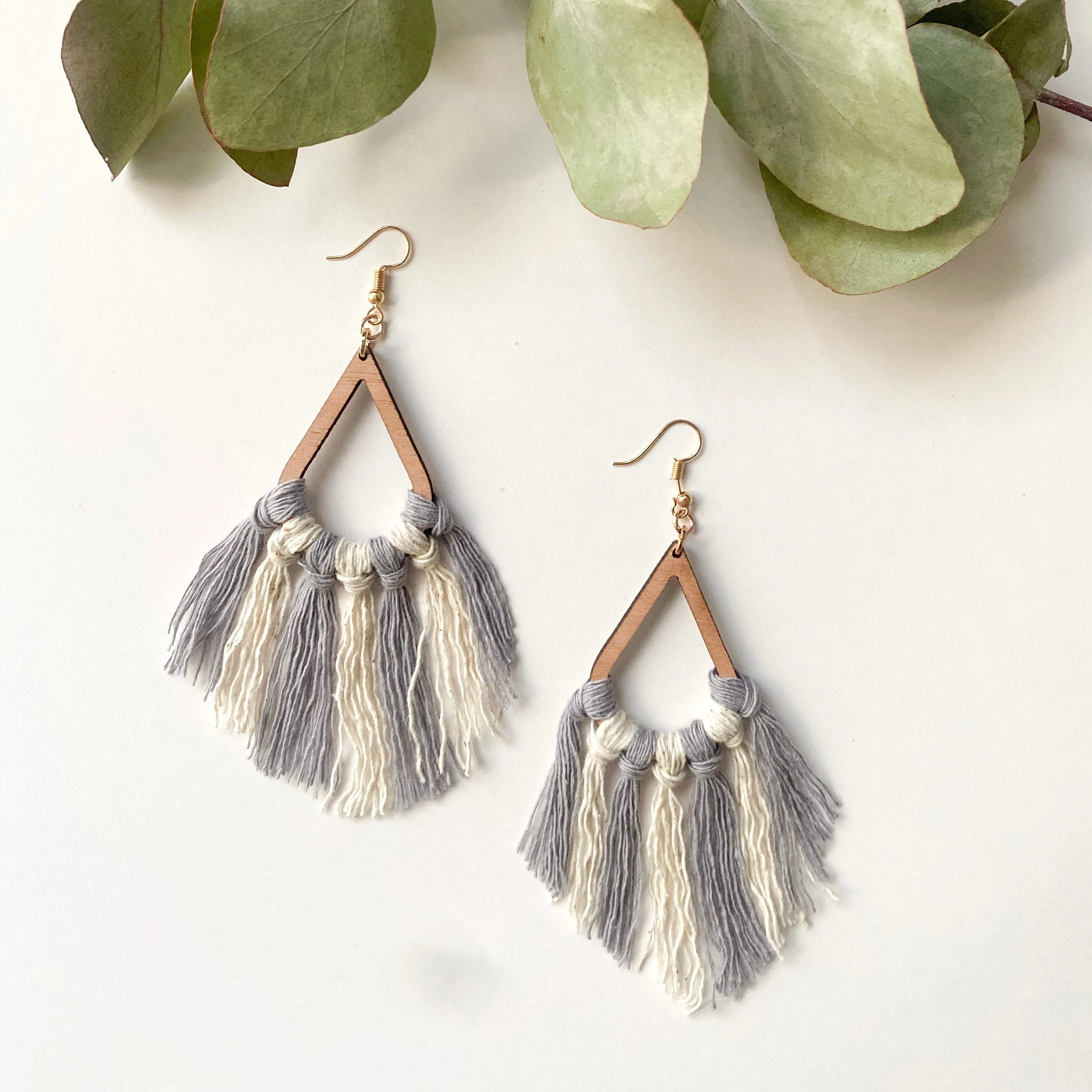 Macramé Earrings - Teardrop Tassel (Medium) - Natural and Grey