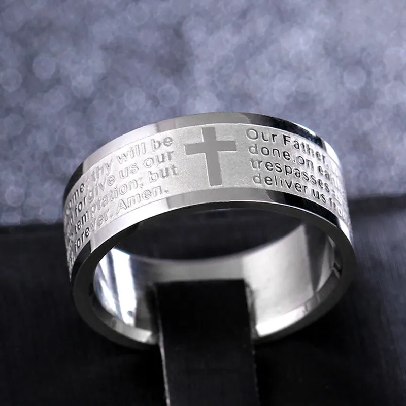 Men Women 8 mm Stainless Steel Ring English Lord's Prayer Cross Band