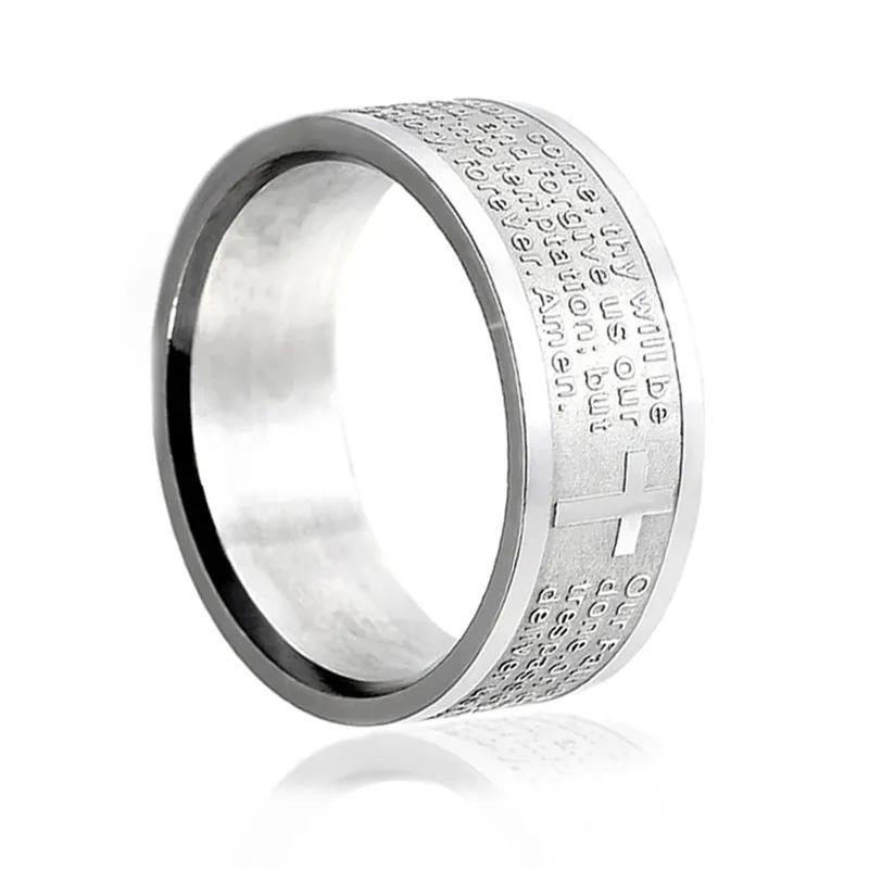 Men Women 8 mm Stainless Steel Ring English Lord's Prayer Cross Band