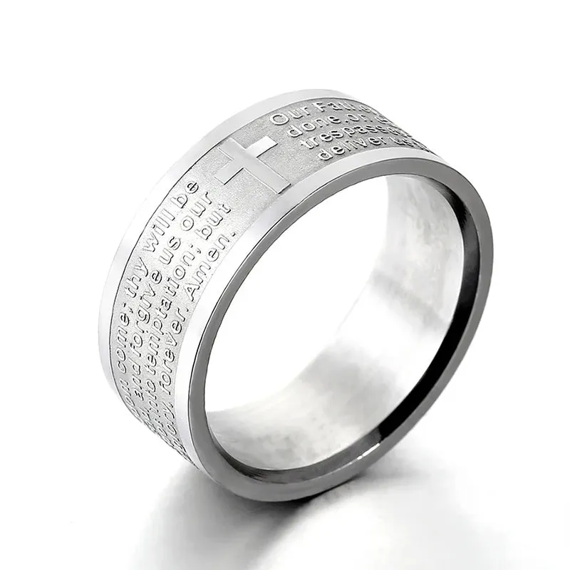 Men Women 8 mm Stainless Steel Ring English Lord's Prayer Cross Band