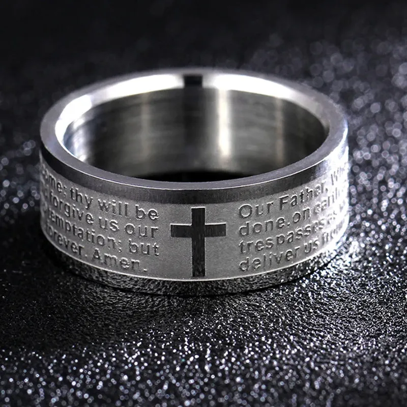 Men Women 8 mm Stainless Steel Ring English Lord's Prayer Cross Band