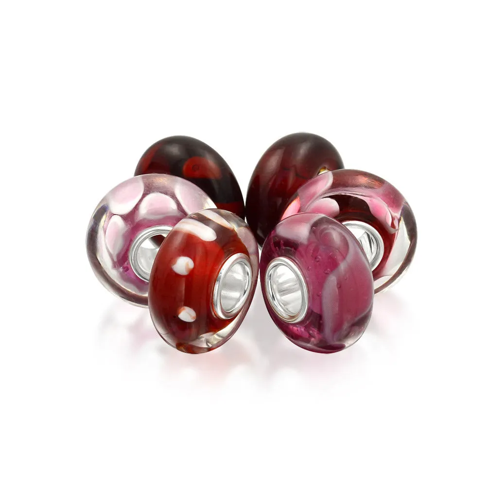 Mixed 6 Set Sterling Silver Core Red Pink Murano Glass Charm Bead for Bracelet