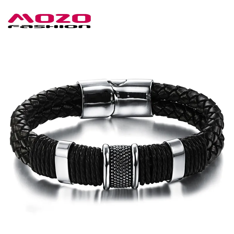 MOZO FASHION Men Charm Bracelet Black Leather Bracelet Stainless Steel Magnetic Clasps Bracelets Male Vintage Jewelry MPH891