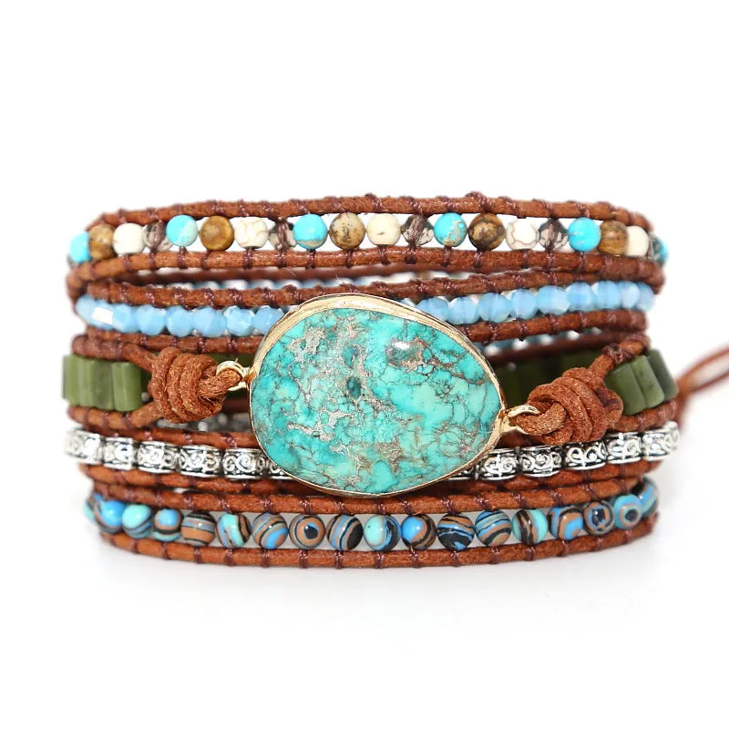 Natural Turquoise Jasper Wrap Bohemian Bracelet for Women Charms Gifts for Mom