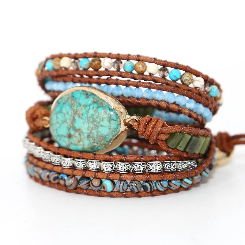 Natural Turquoise Jasper Wrap Bohemian Bracelet for Women Charms Gifts for Mom