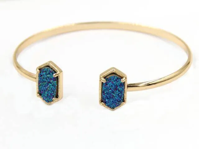 New Cute Oval Quartz Copper Bangles White and Blue green Stone Resin Druzy Cuff Bangles for Women