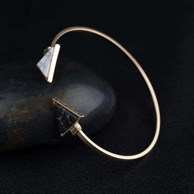 New Gold Tone Punk Trendy Marbleized Stone Cuff Bangle Bracelet