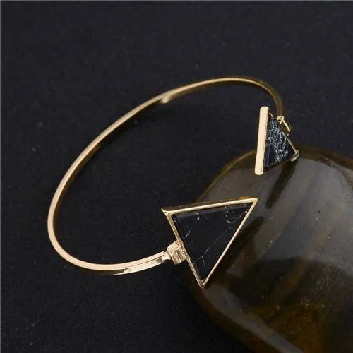 New Gold Tone Punk Trendy Marbleized Stone Cuff Bangle Bracelet