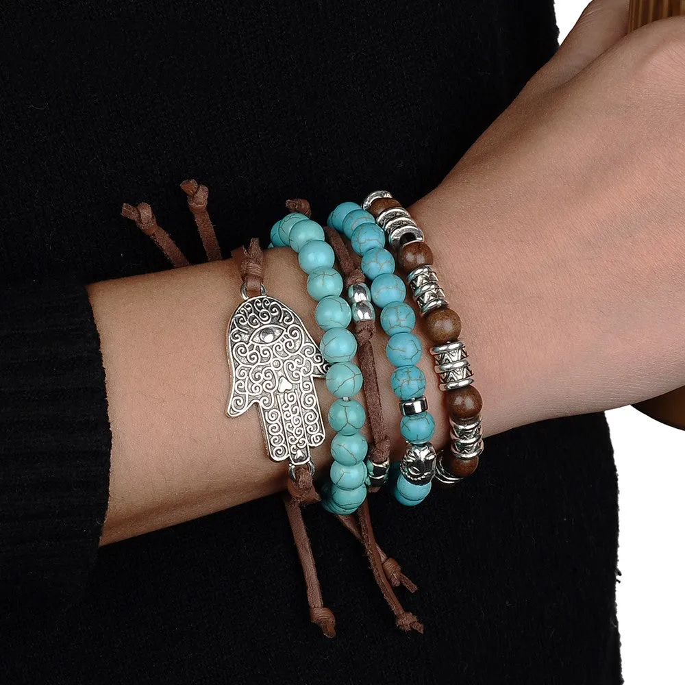 New hamsa hand 5pcs set leather bracelets boho turquoise bracelet set for statement women jewelry party gift