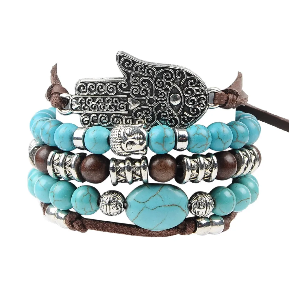 New hamsa hand 5pcs set leather bracelets boho turquoise bracelet set for statement women jewelry party gift