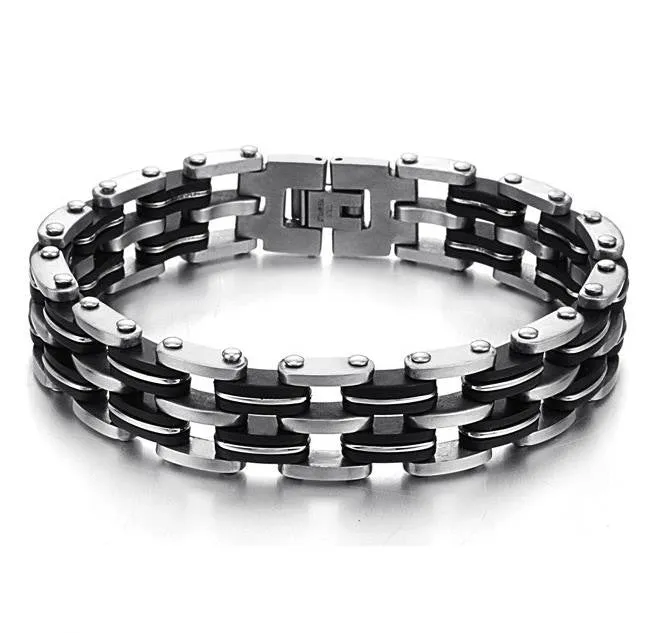 New Hot Sale Fashion Fine Jewelry Men's Silver Black 316 Titanium Steel Silicone Bracelets For Men