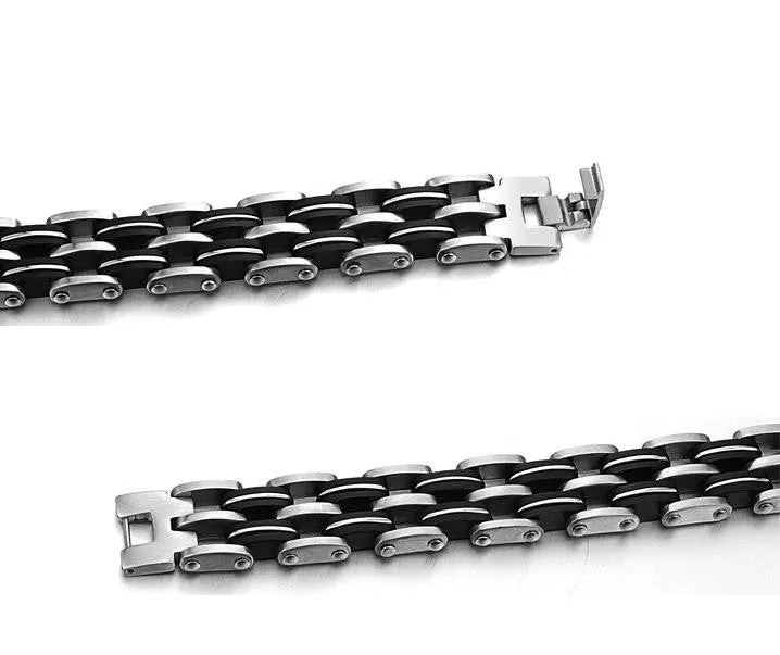 New Hot Sale Fashion Fine Jewelry Men's Silver Black 316 Titanium Steel Silicone Bracelets For Men