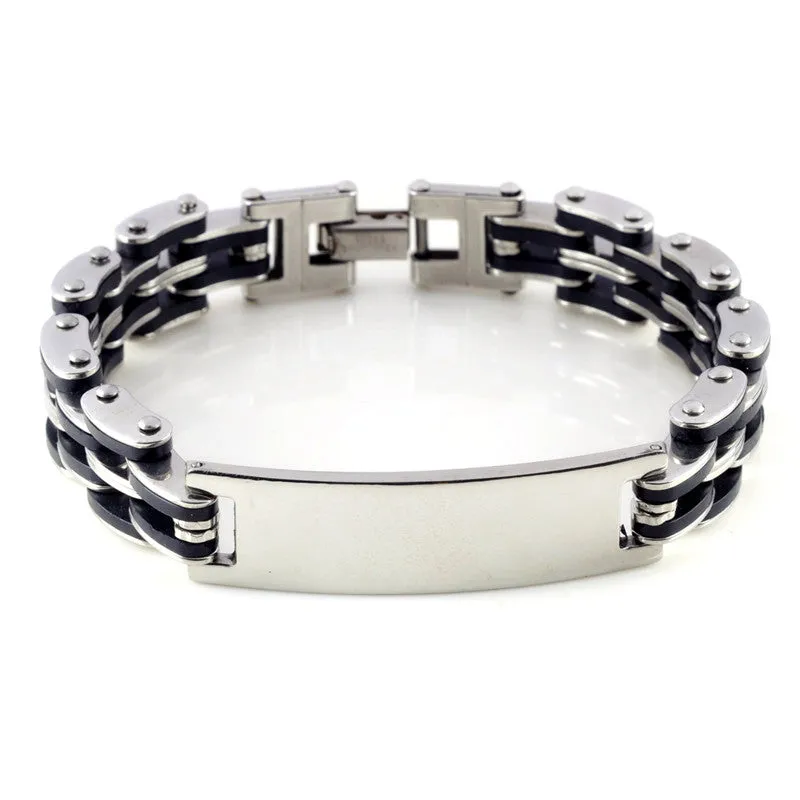 New Silver Link Chain Rubber Stainless steel Men's Bracelet Wrist band 8.5" Hot Charm Men Bangle Cuff  jewlery