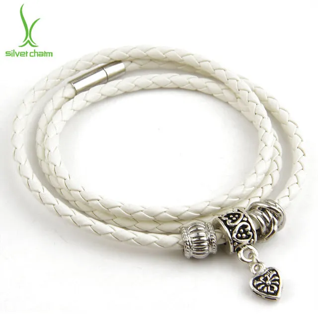 Newest Arrival Silver Charm Black Leather Bracelet for Women Five Colors Magnet Clasp Christmas Gift Jewelry PI0311