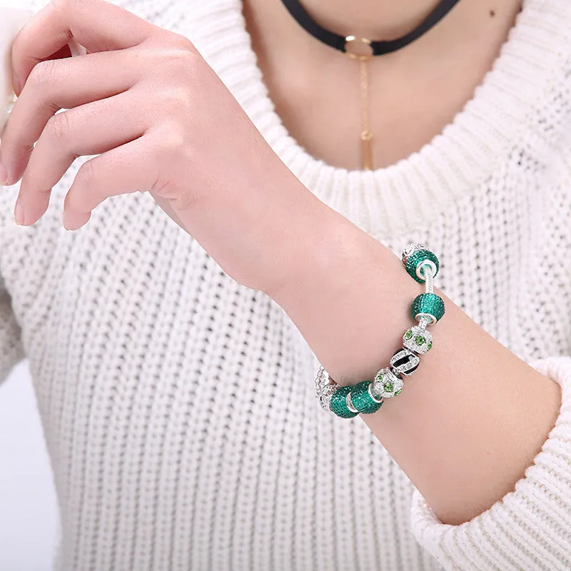 Newest Elegant Silver DIY Charm bracelet for Women Chain Green Beads Fashion Jewelry Fit Original Bracelets Best Gfit