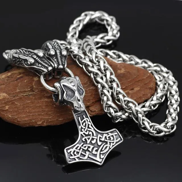 Norse Snake Chain Necklace with Thor's Hammer, Wolf and Worrier Pendant